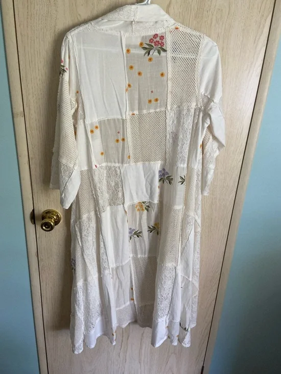 PAPER LACE Floral White Patchwork Long Kimono Duster Sz Small - Picture 5 of 10